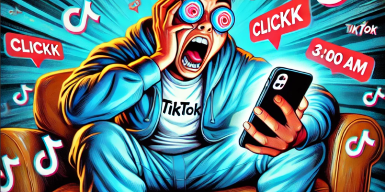 Cartoon van een persoon die midden in de nacht op de bank doomscrollt op zijn smartphone, met vermoeide ogen en een blauwe gloed van het scherm. Op de achtergrond zijn TikTok-logo's, notificaties en een klok die 3:00 AM aangeeft, wat de obsessieve sfeer benadrukt.