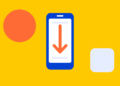 Illustratie: telefoon met pijl naar beneden, symbool voor doomscrollen