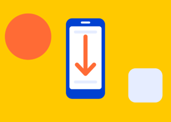 Illustratie: telefoon met pijl naar beneden, symbool voor doomscrollen