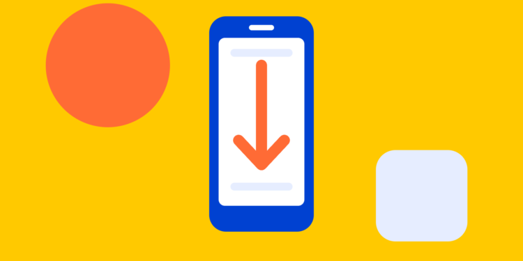 Illustratie: telefoon met pijl naar beneden, symbool voor doomscrollen