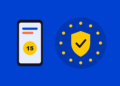 Illustratie van een smartphone naast een EU schild met sterren