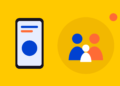 Illustratie van een ouder en kind met telefoons die met elkaar verbonden zijn
