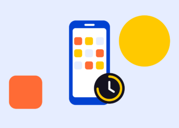 Illustratie: telefoon met apps en een timer, symbool voor schermtijd instellen