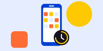 Illustratie: telefoon met apps en een timer, symbool voor schermtijd instellen