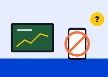 Illustratie van een schoolbord met een grafiek naast een doorgestreepte smartphone