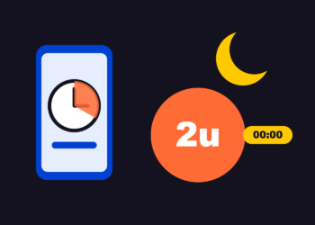 Illustratie van een telefoon met klok, een maan en een label van twee uur