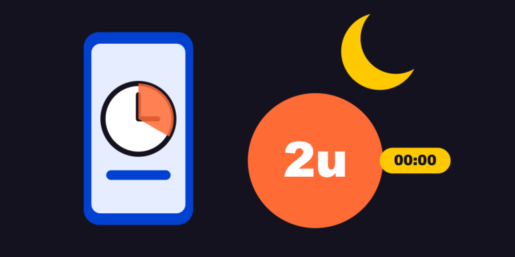 Illustratie van een telefoon met klok, een maan en een label van twee uur