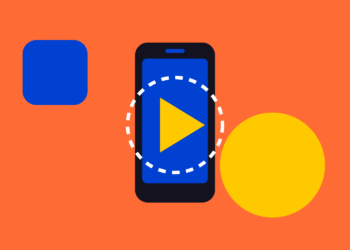 Illustratie: telefoon met afspeelknop, symbool voor eindeloos video kijken